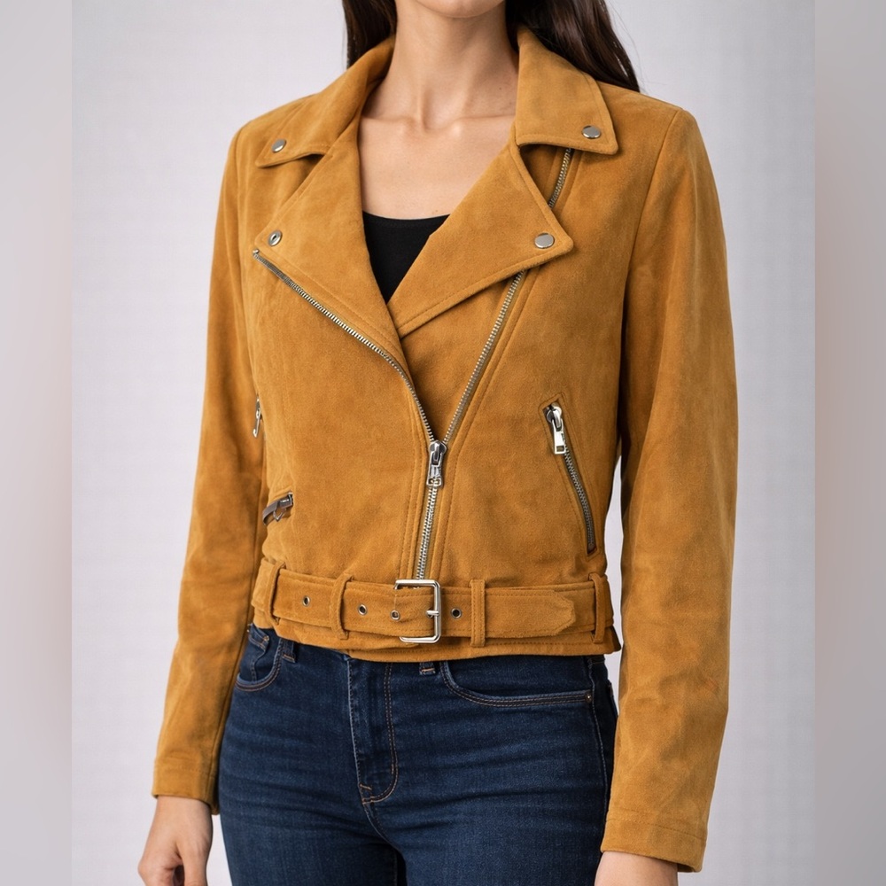 Fauxgerty Women's Mustard Suede Jacket, Size:M - Picture 3 of 5